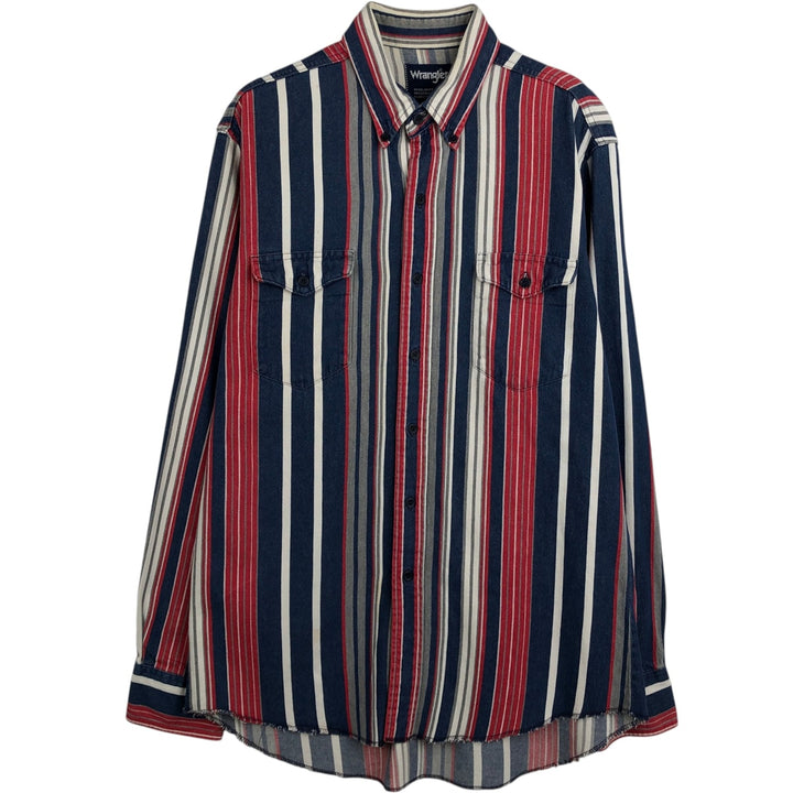 Wrangler Regular Fit Stripe Pattern Multi-Stripe Long Sleeve Button-Down Denim Shirt (Men's Size L) unclear navy blue type Vintage Second Hand