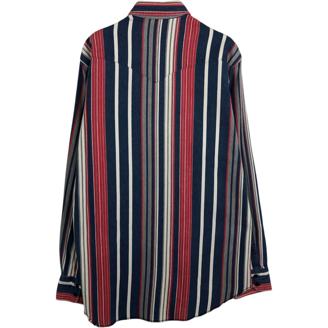 Wrangler Regular Fit Stripe Pattern Multi-Stripe Long Sleeve Button-Down Denim Shirt (Men's Size L) unclear navy blue type Vintage Second Hand