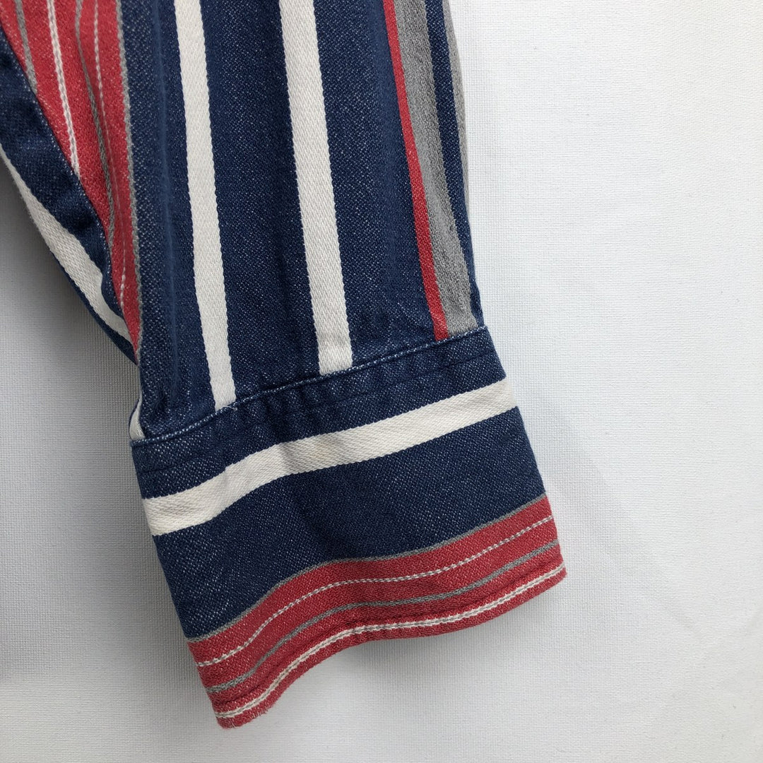Wrangler Regular Fit Stripe Pattern Multi-Stripe Long Sleeve Button-Down Denim Shirt (Men's Size L) unclear navy blue type Vintage Second Hand