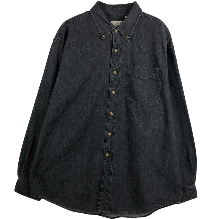 90s-00'S LLBean Button-Down Long-Sleeve Black Denim Shirt, Men's Size L (Equivalent), Vintage cotton black type Vintage Second Hand