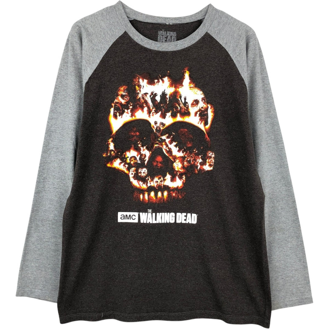 THE WALKING DEAD Skull Pattern Fire Pattern Long-Sleeve T-Shirt (Men's Size M) cotton gray type Vintage Second Hand