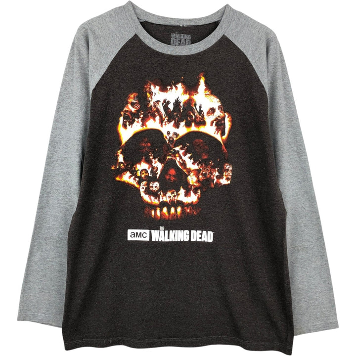 THE WALKING DEAD Skull Pattern Fire Pattern Long-Sleeve T-Shirt (Men's Size M) cotton gray type Vintage Second Hand