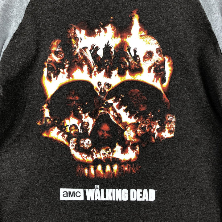 THE WALKING DEAD Skull Pattern Fire Pattern Long-Sleeve T-Shirt (Men's Size M) cotton gray type Vintage Second Hand