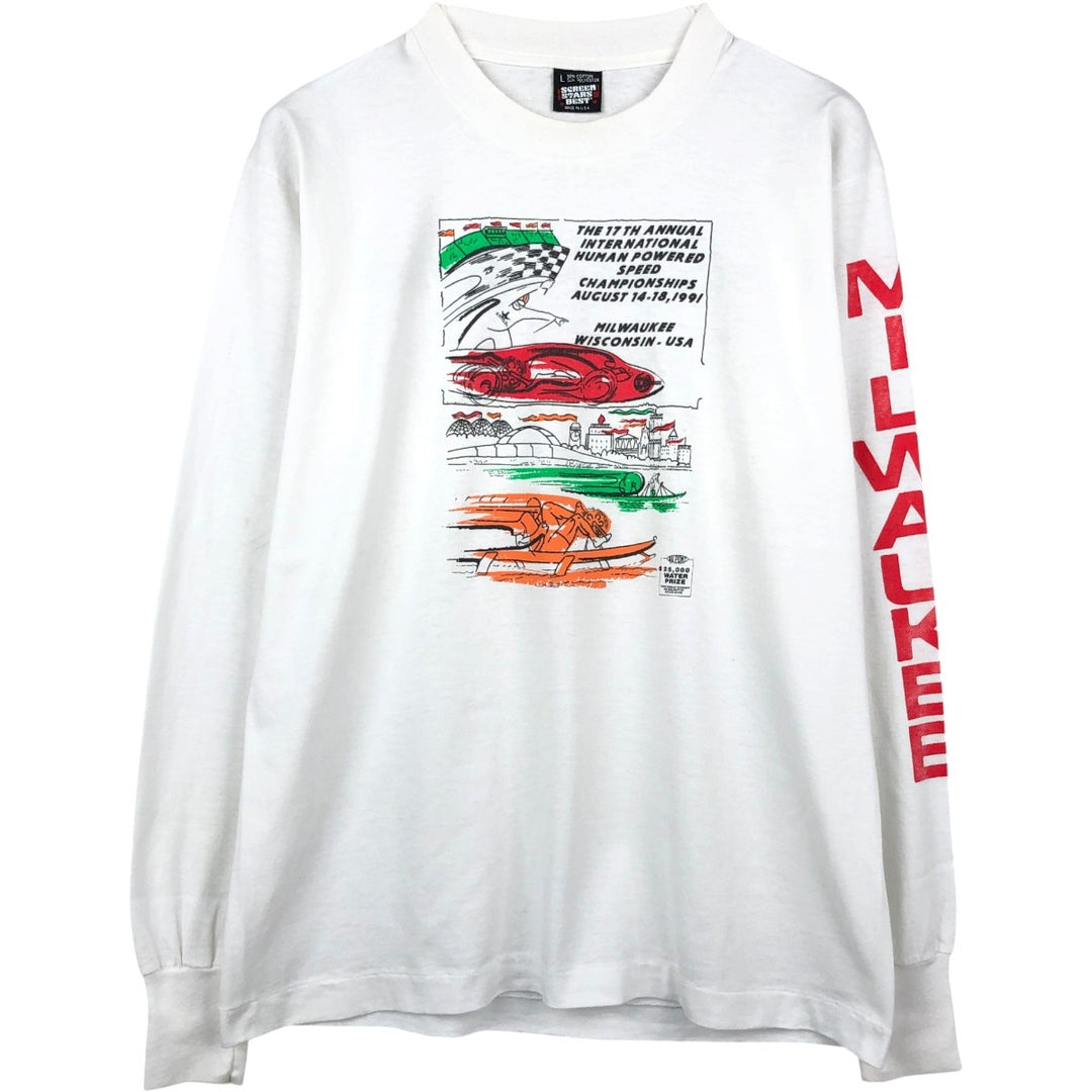 90'S SCREEN STARS Long Sleeve T-Shirt Made in USA Men's Size L Vintage cotton white type Vintage Second Hand