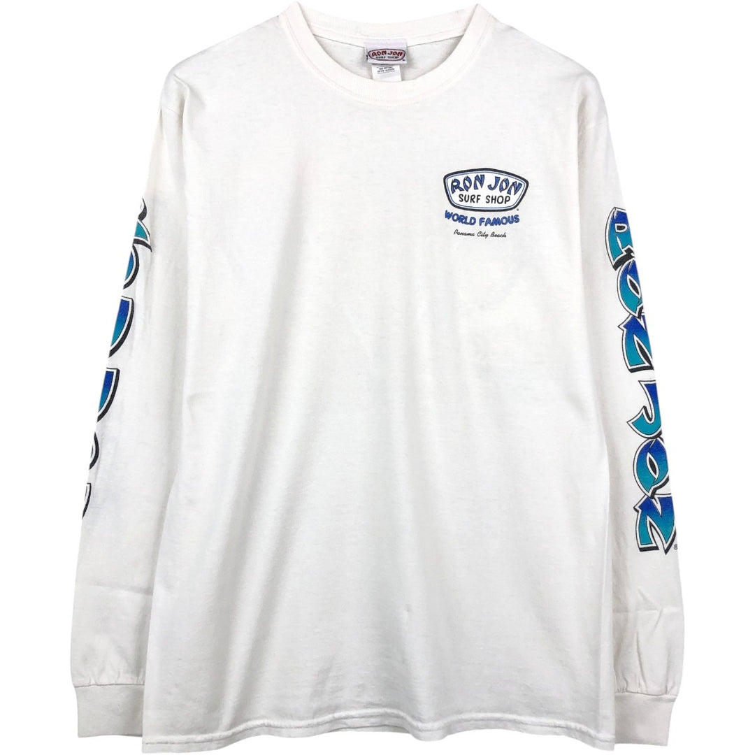 Ron Jon Print Long-Sleeve T-Shirt (Men's Size M) cotton white type Vintage Second Hand