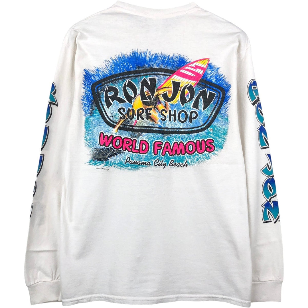Ron Jon Print Long-Sleeve T-Shirt (Men's Size M) cotton white type Vintage Second Hand