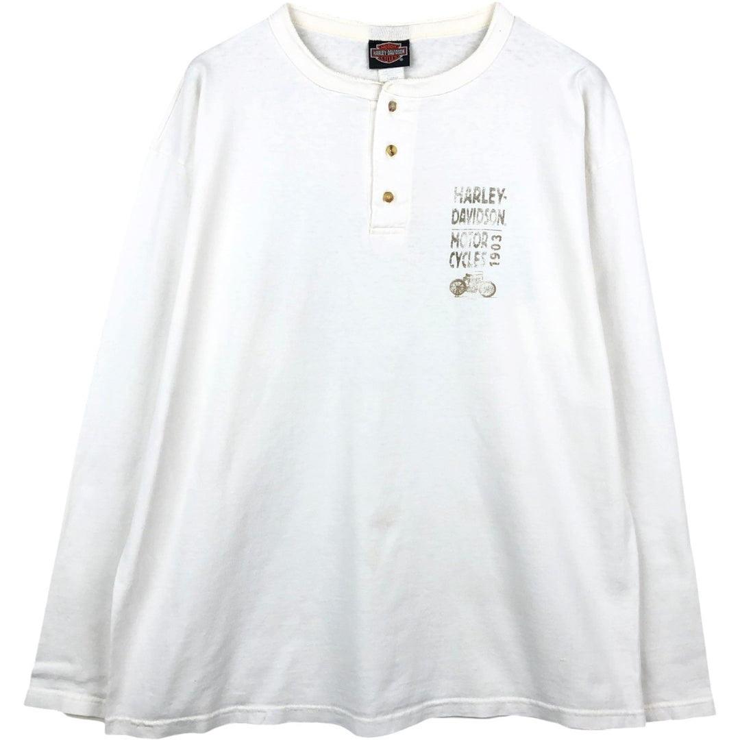 90'S Harley-Davidson Motorcycle Henley Neck Long-Sleeve T-Shirt (Men's XL equivalent) cotton white type Vintage Second Hand
