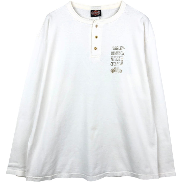 90'S Harley-Davidson Motorcycle Henley Neck Long-Sleeve T-Shirt (Men's XL equivalent) cotton white type Vintage Second Hand