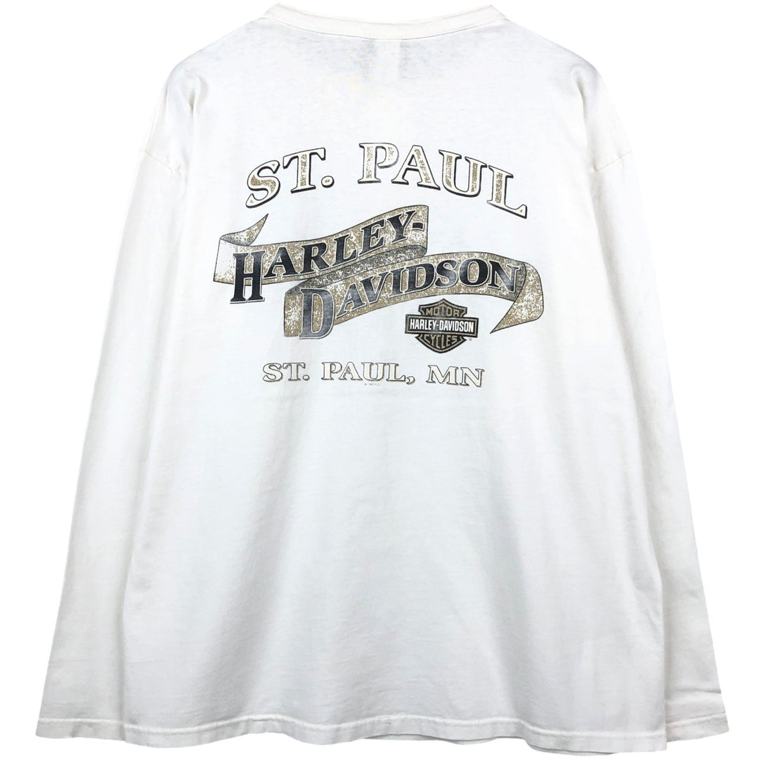 90'S Harley-Davidson Motorcycle Henley Neck Long-Sleeve T-Shirt (Men's XL equivalent) cotton white type Vintage Second Hand