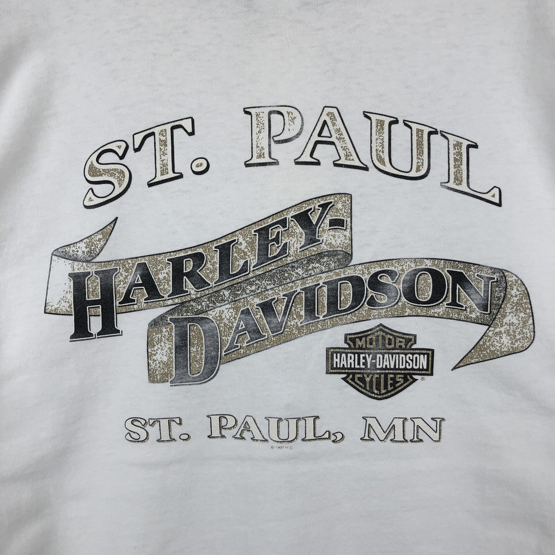 90'S Harley-Davidson Motorcycle Henley Neck Long-Sleeve T-Shirt (Men's XL equivalent) cotton white type Vintage Second Hand