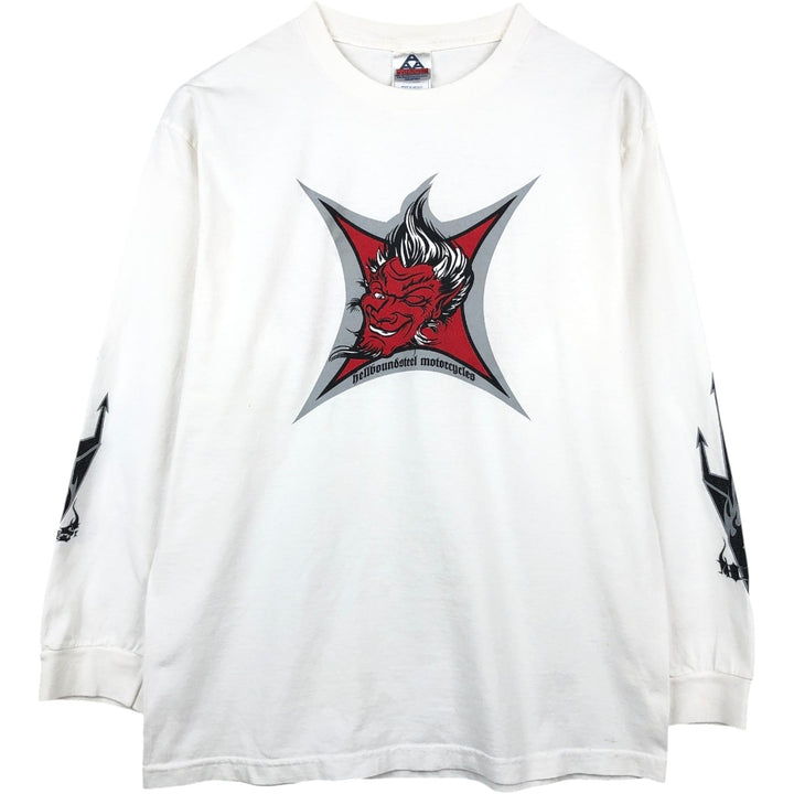 90s-era ALSTYLE Motorcycle Long-Sleeve T-Shirt (Men's Size L) cotton white type Vintage Second Hand