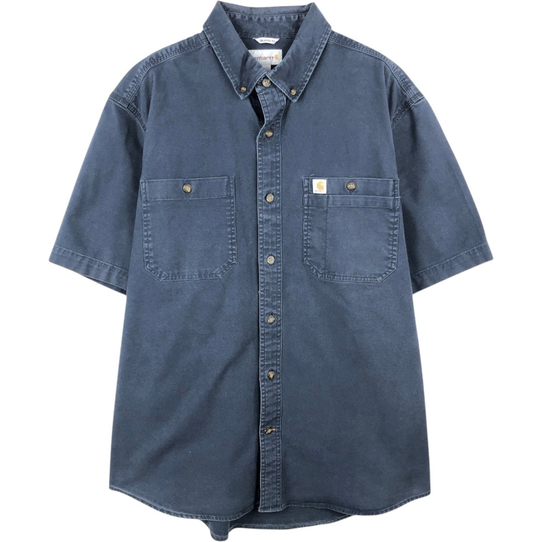 Carhartt Relaxed Fit Button-down Short Sleeve Work Shirt, Men's Size L cotton navy blue type Vintage Second Hand