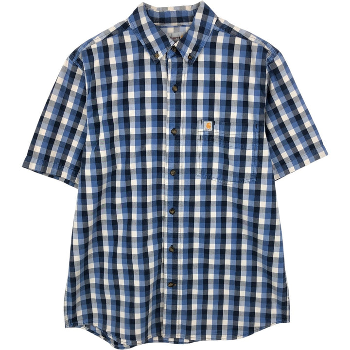 Carhartt Check Pattern Button-Down Short-Sleeve Work Shirt, Men's Size M (approx.) cotton blue type Vintage Second Hand
