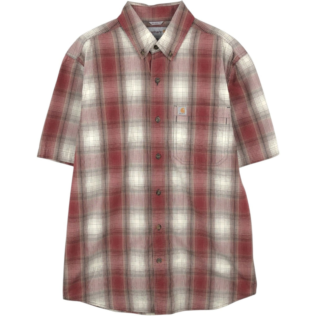 Carhartt Relaxed Fit Check Pattern Button-down Short Sleeve Work Shirt, Men's Medium cotton burgundy type Vintage Second Hand