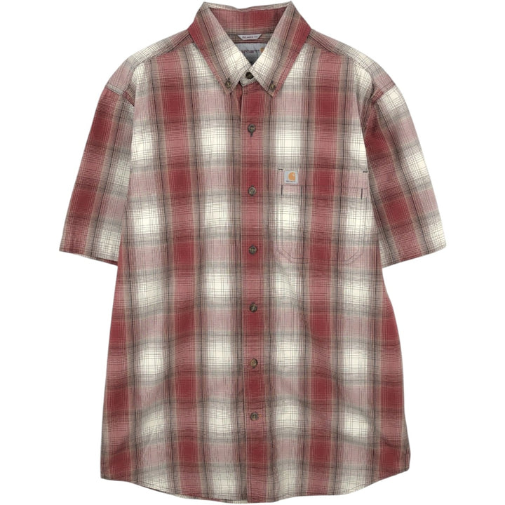 Carhartt Relaxed Fit Check Pattern Button-down Short Sleeve Work Shirt, Men's Medium cotton burgundy type Vintage Second Hand