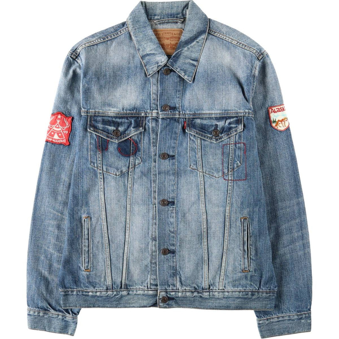 Levi's denim jacket with custom patches, men's size XL equivalent. cotton blue type Vintage Second Hand