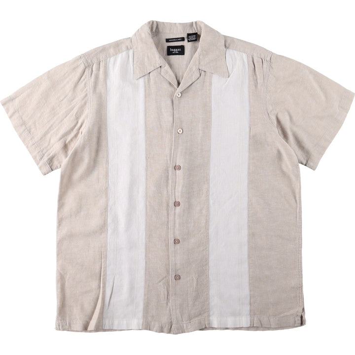 HAGGAR Washable Linen Short-Sleeve Open-Collar Rayon x Linen Box Shirt (Men's Size L) linen Beige type Vintage Second Hand