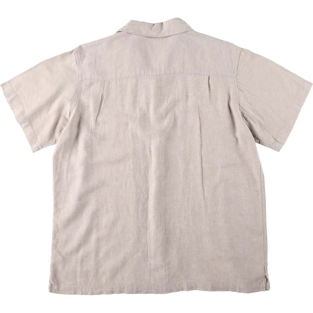 HAGGAR Washable Linen Short-Sleeve Open-Collar Rayon x Linen Box Shirt (Men's Size L) linen Beige type Vintage Second Hand