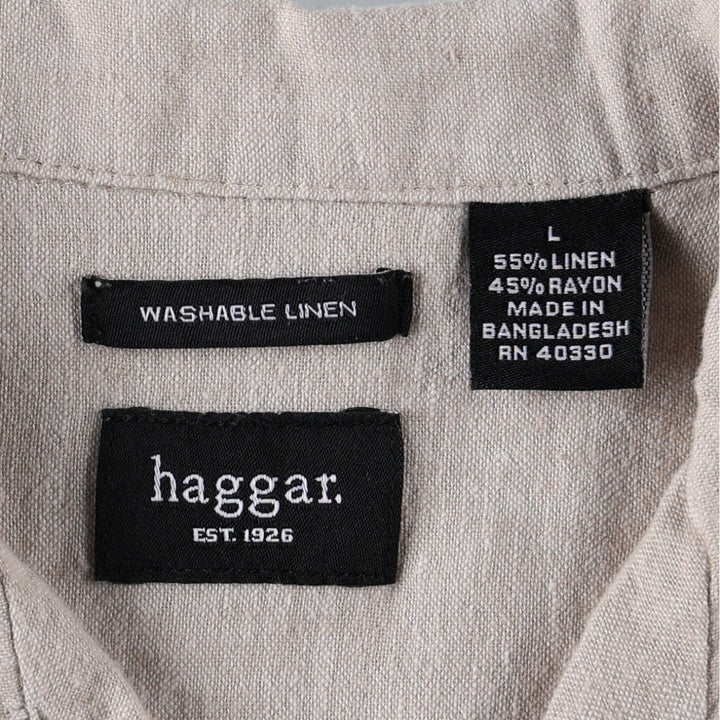 HAGGAR Washable Linen Short-Sleeve Open-Collar Rayon x Linen Box Shirt (Men's Size L) linen Beige type Vintage Second Hand