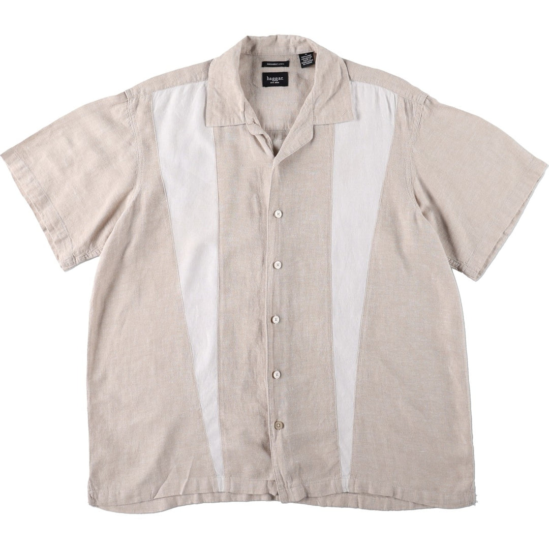HAGGAR Washable Linen Short-Sleeve Open-Collar Rayon x Linen Box Shirt (Men's Size L) linen Beige type Vintage Second Hand