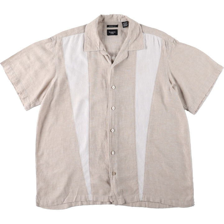 HAGGAR Washable Linen Short-Sleeve Open-Collar Rayon x Linen Box Shirt (Men's Size L) linen Beige type Vintage Second Hand