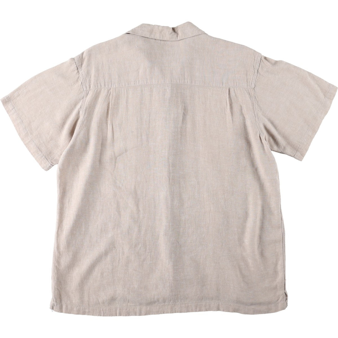HAGGAR Washable Linen Short-Sleeve Open-Collar Rayon x Linen Box Shirt (Men's Size L) linen Beige type Vintage Second Hand