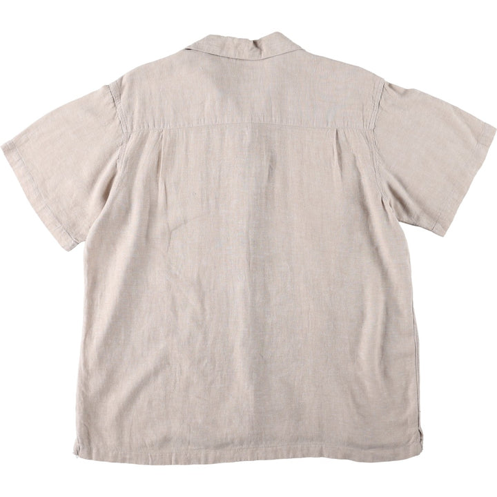 HAGGAR Washable Linen Short-Sleeve Open-Collar Rayon x Linen Box Shirt (Men's Size L) linen Beige type Vintage Second Hand