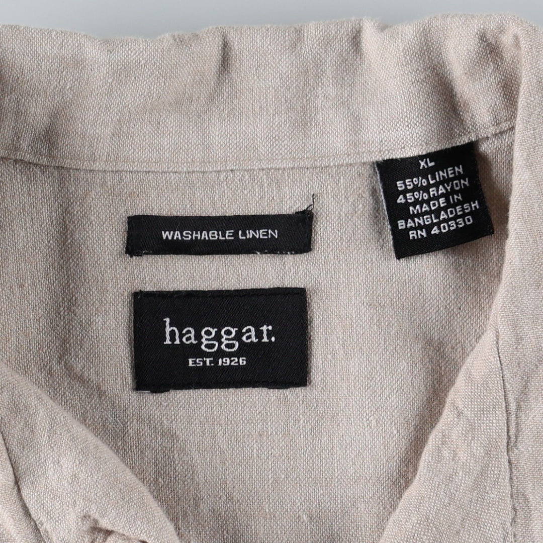 HAGGAR Washable Linen Short-Sleeve Open-Collar Rayon x Linen Box Shirt (Men's Size L) linen Beige type Vintage Second Hand