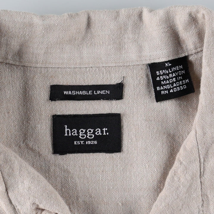 HAGGAR Washable Linen Short-Sleeve Open-Collar Rayon x Linen Box Shirt (Men's Size L) linen Beige type Vintage Second Hand