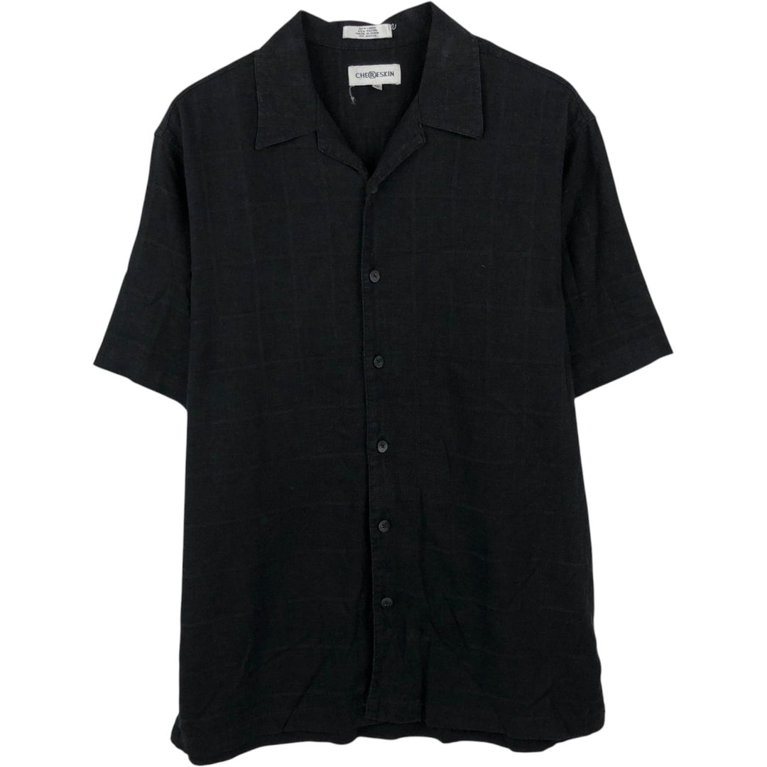 CHERESKIN Check Pattern Short-Sleeve Open Collar Rayon x Linen Shirt, Boxy Shirt, Men's Size M (approx.) linen black type Vintage Second Hand
