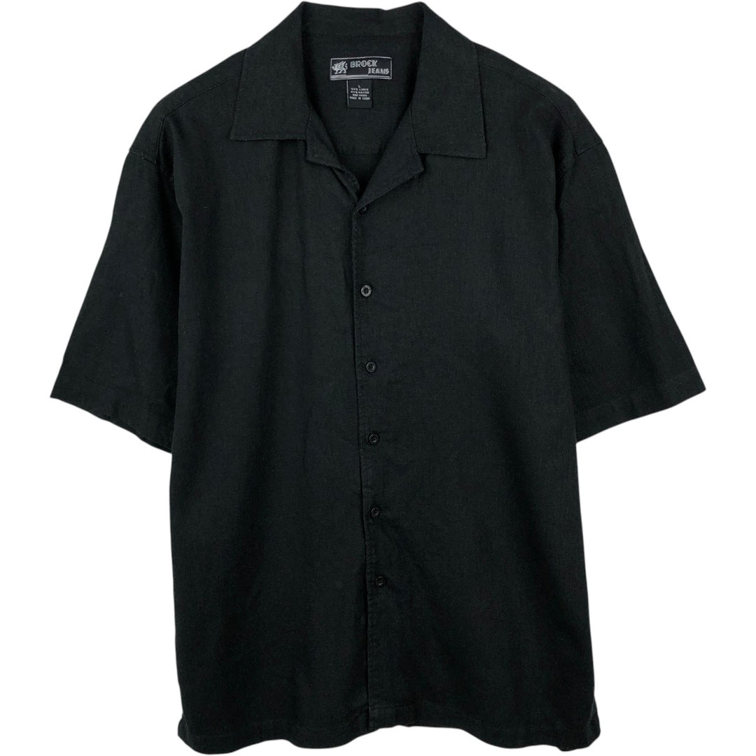 Brock Jeans Short-Sleeve Open-Collar Linen Shirt, Boxy Fit, Men's Size L (approx.) linen black type Vintage Second Hand