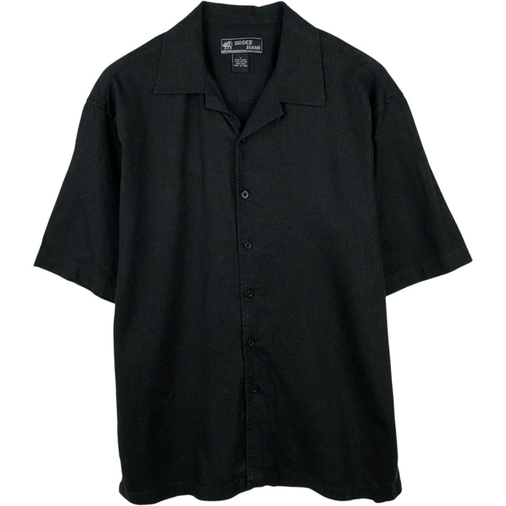Brock Jeans Short-Sleeve Open-Collar Linen Shirt, Boxy Fit, Men's Size L (approx.) linen black type Vintage Second Hand