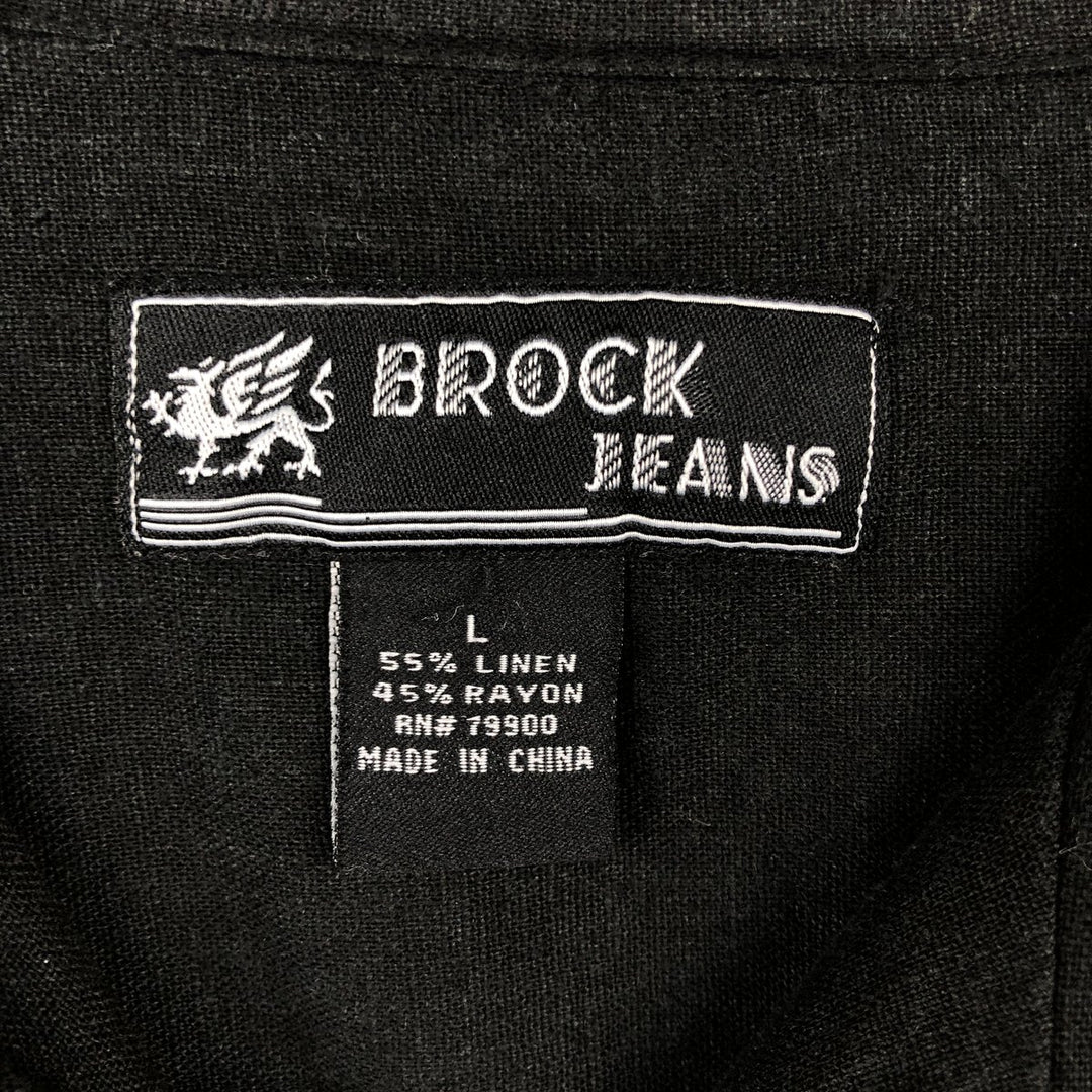 Brock Jeans Short-Sleeve Open-Collar Linen Shirt, Boxy Fit, Men's Size L (approx.) linen black type Vintage Second Hand