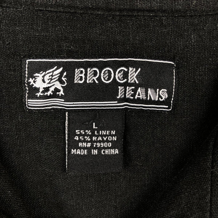 Brock Jeans Short-Sleeve Open-Collar Linen Shirt, Boxy Fit, Men's Size L (approx.) linen black type Vintage Second Hand