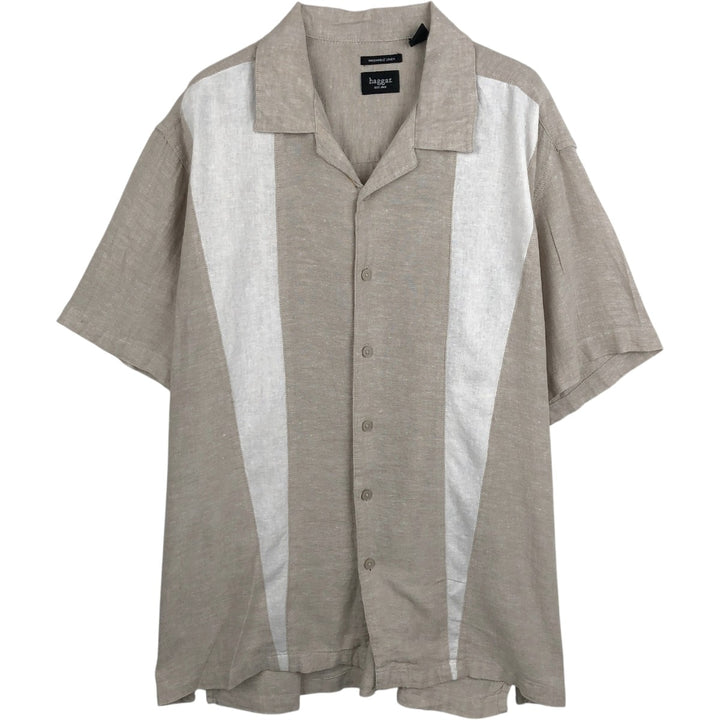 HAGGAR Washable Linen Two-Tone Short-Sleeve Open-Collar Linen x Rayon Box Shirt (Men's XXL equivalent) linen Beige type Vintage Second Hand