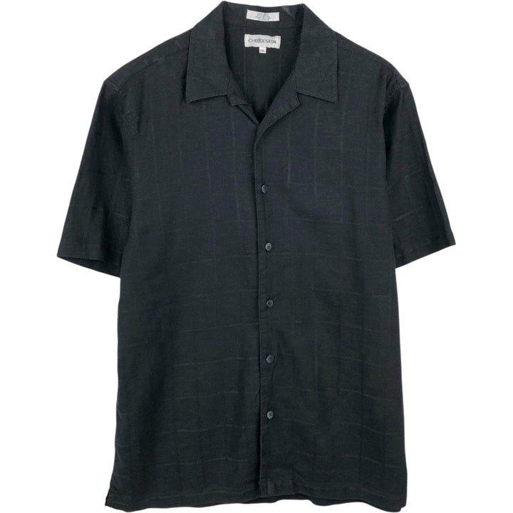 CHERESKIN Check Pattern Short-Sleeve Open Collar Rayon x Linen Shirt, Boxy Shirt, Men's Size M (approx.) linen black type Vintage Second Hand