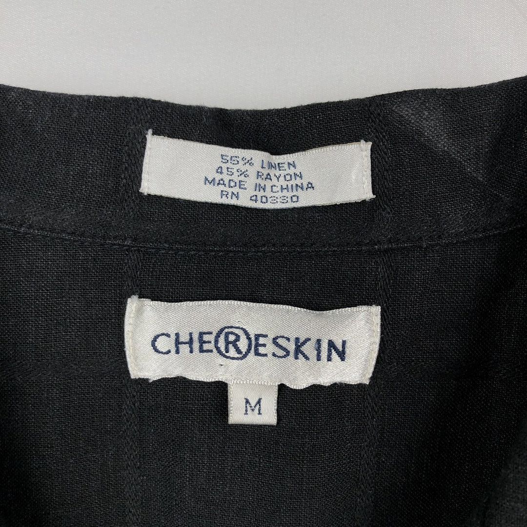 CHERESKIN Check Pattern Short-Sleeve Open Collar Rayon x Linen Shirt, Boxy Shirt, Men's Size M (approx.) linen black type Vintage Second Hand