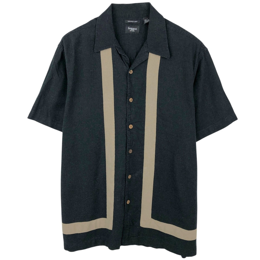 HAGGAR Washable Linen Short-Sleeve Open-Collar Rayon x Linen Box Shirt (Men's Size L) linen black type Vintage Second Hand