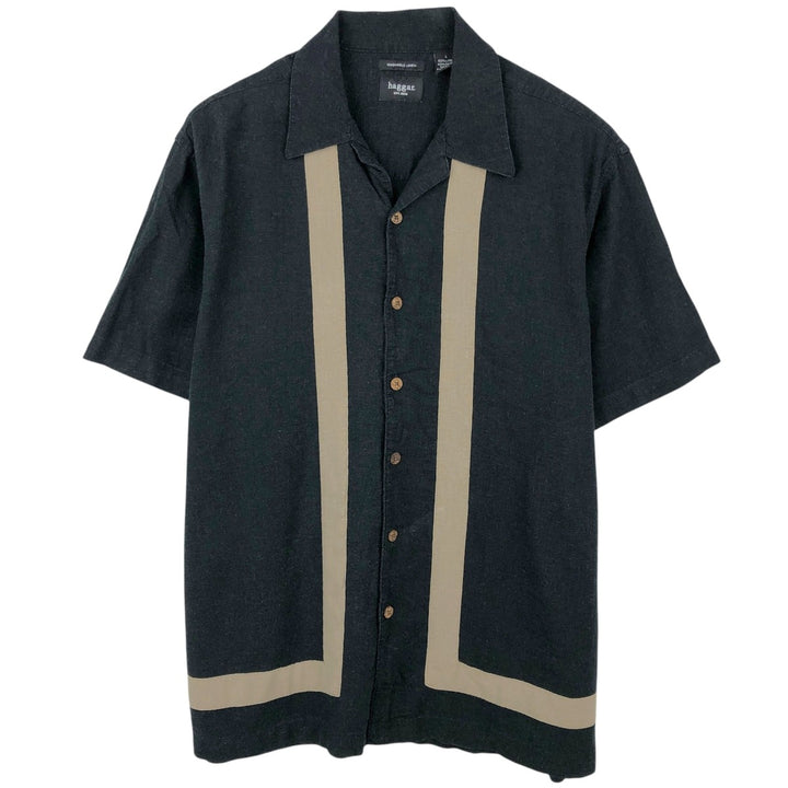 HAGGAR Washable Linen Short-Sleeve Open-Collar Rayon x Linen Box Shirt (Men's Size L) linen black type Vintage Second Hand