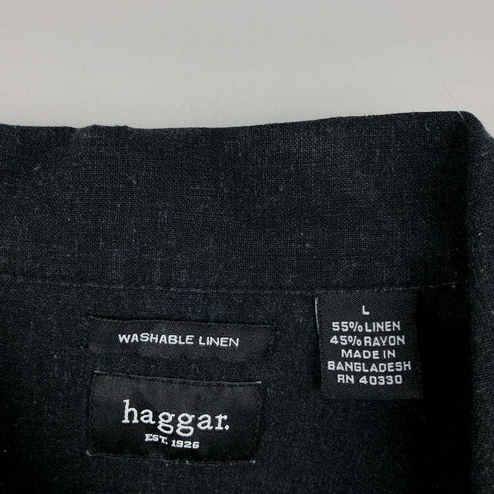 HAGGAR Washable Linen Short-Sleeve Open-Collar Rayon x Linen Box Shirt (Men's Size L) linen black type Vintage Second Hand