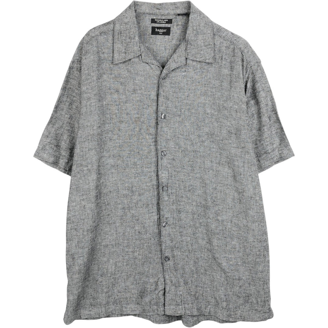 HAGGAR Short-Sleeve Open-Collar Linen Shirt, Boxy Fit, Men's Size L (approx.) linen gray type Vintage Second Hand
