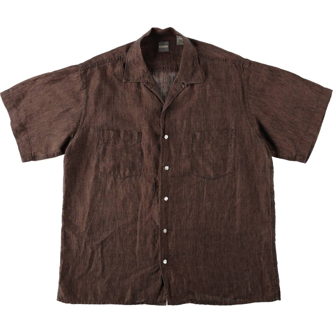 M. GORDON Short-Sleeve Open-Collar Linen Shirt, Boxy Fit, Men's Size L (approx.) linen brown type Vintage Second Hand