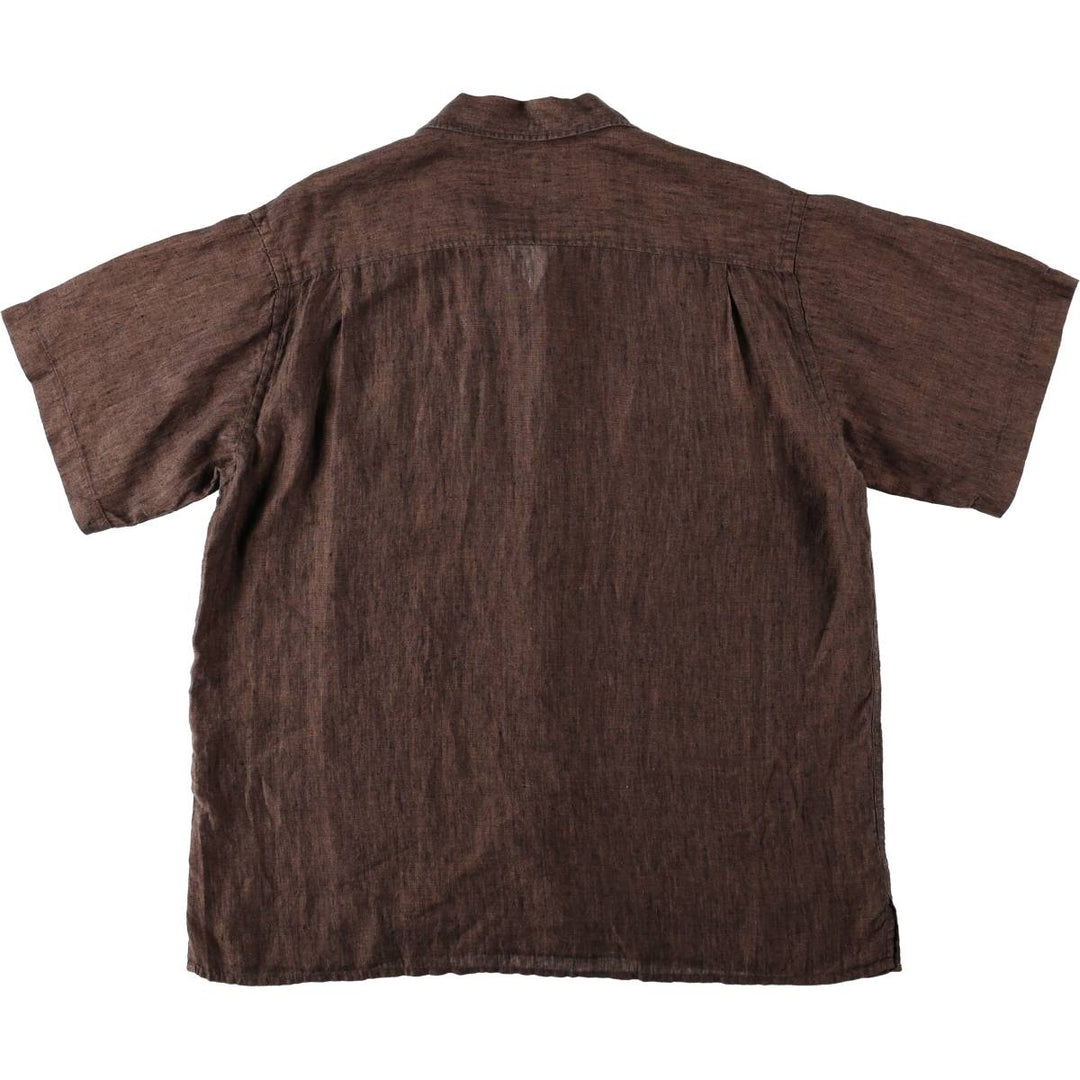 M. GORDON Short-Sleeve Open-Collar Linen Shirt, Boxy Fit, Men's Size L (approx.) linen brown type Vintage Second Hand