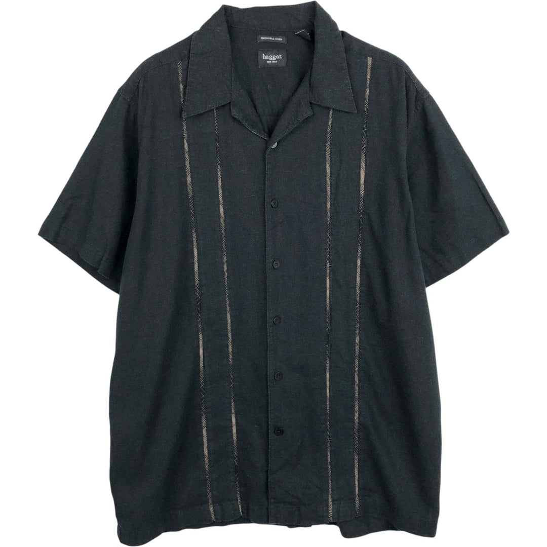 HAGGAR Washable Linen Short-Sleeve Open-Collar Linen x Rayon Box Shirt (Men's XL equivalent) linen black type Vintage Second Hand