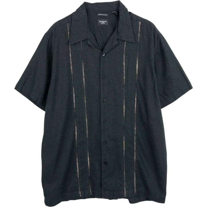 HAGGAR Washable Linen Short-Sleeve Open-Collar Linen x Rayon Box Shirt (Men's XL equivalent) linen black type Vintage Second Hand