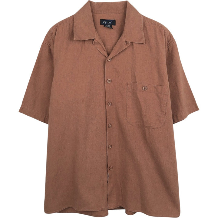 Trust Short-Sleeve Open-Collar Linen x Rayon Box Shirt (Men's Size L) linen brown type Vintage Second Hand