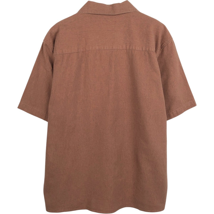 Trust Short-Sleeve Open-Collar Linen x Rayon Box Shirt (Men's Size L) linen brown type Vintage Second Hand