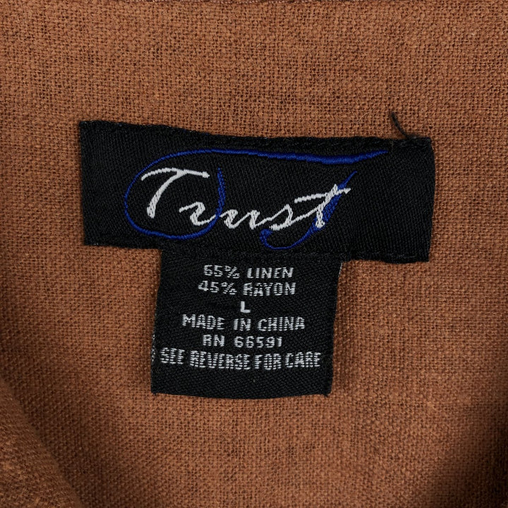 Trust Short-Sleeve Open-Collar Linen x Rayon Box Shirt (Men's Size L) linen brown type Vintage Second Hand