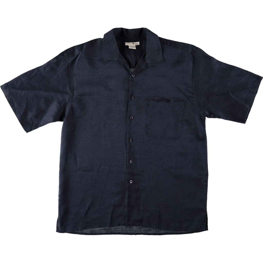 TRUST Short-Sleeve Open-Collar Linen Shirt, Boxy Fit, Men's Size L (approx.) linen navy blue type Vintage Second Hand
