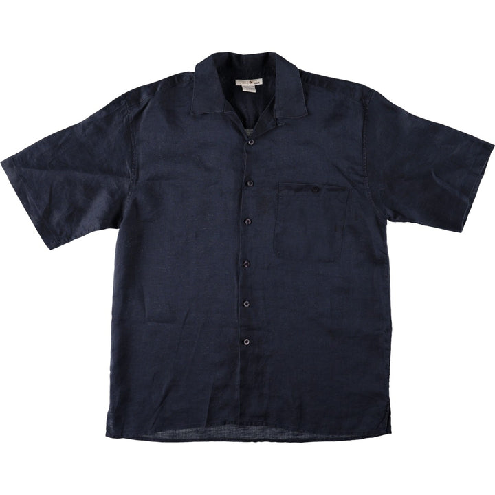 TRUST Short-Sleeve Open-Collar Linen Shirt, Boxy Fit, Men's Size L (approx.) linen navy blue type Vintage Second Hand